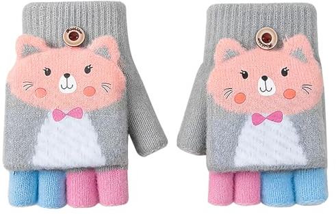 Cxryrzhe Gants d'hiver pour enfants de 6 à 10 ans pour garçons et filles convertibles à rabat en tricot thermique sans doigts extensibles, Chat gris., 6-10 ans
