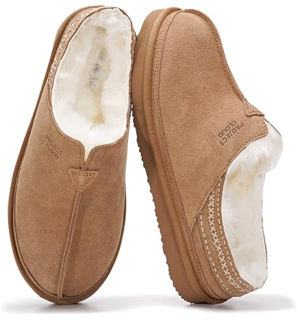 Project Cloud Mens Slippers 100% Genuine Leather & Australian Shearling Lining Furry House Slippers for Men with Memory Foam Insole - Lightweight and Non-Slip Mens Shoes (Unwind,CHSTNUTSDE,11.5)