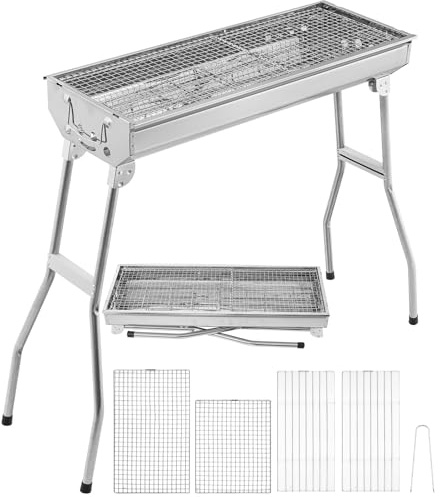 Barbecue a carbonella, 73 x 28 x 76 cm, pieghevole, in acciaio inox, portatile, per esterni, barbecue a carbonella, con tagliere per spezie, cestino portaoggetti, griglia pieghevole