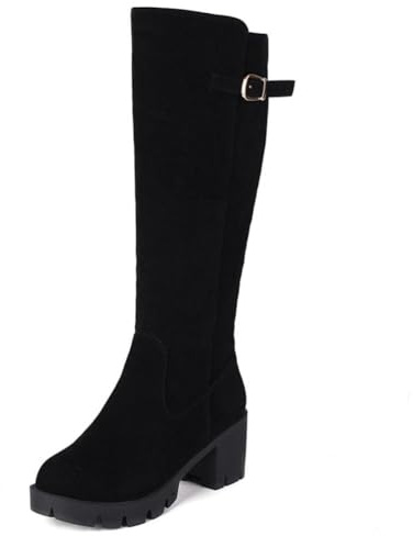 Generico Stivali Donna al Ginocchio in Camoscio con Fibbia Tacco Largo Plateau Comodi Antiscivolo Resistenti Eleganti per Quotidiano Strada Esterni,Nero,40 EU