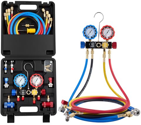 VEVOR Kit de Recharge de Réfrigérant de Climatisation Automobile R134a R404A R1234yf et R22, Manomètre Frigoriste 4 Voies, pour Fluide Frigorigène, avec Tuyaux, Adaptateurs, Raccords Rapides, Coffret