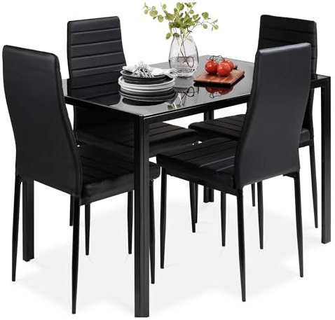 Best Choice Products 5-Piece Glass Dining Set, Modern Kitchen Table Furniture for Dining Room, Dinette, Compact Space-Saving w/Glass Tabletop, 4 Upholstered PU Chairs, Metal Steel Frame - Black