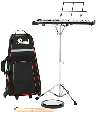 Pearl 32 Note Glockenspiel Bell Kit Student Educational Percussion Kit with Tunable Practice Pad, Rolling Carrying Case, Sticks and Mallets (PK910C)