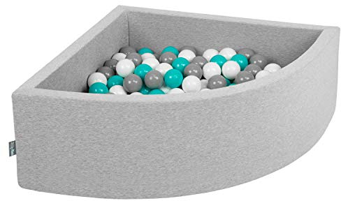 KiddyMoon Viertel Eckig Bällebad Bällepool 90X30cm/200 Bälle ∅ 7Cm Ballgruben Für Babys Spielbad Kleinkinder, Hergestellt In Der EU, Hellgrau:Grau/Weiß/Türkis