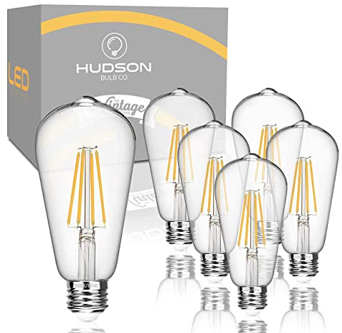 HUDSON BULB CO. Vintage Edison LED Light Bulbs 6W (6 Pack), Soft White, Non-Dimmable, E26/E27 Base, ST58 Style, 60 Watt Equivalent