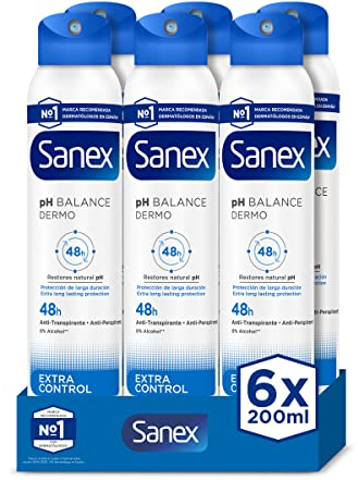 Sanex Dermo Extra Control Desodorante Spray, Pack 6 Uds x 200 ml, con Óxido de Zinc Antibacteriano, hasta 48H de Protección contra el Sudor y el Olor, Restaura el pH Natural de la Piel
