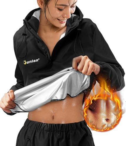 Junlan Sauna Suit for Women Sweat Jacket Gym Workout Vest Sweat Suits for Women (A.Black Tops Only,Large)