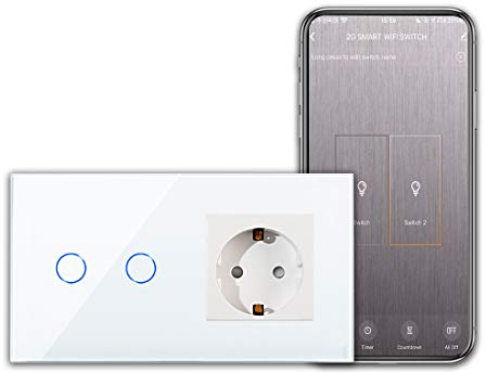 CNBINGO Schuko Socket with WLAN Light Switch - 2-Way Smart Touch Switch Compatible with Alexa/Google Home, Smart Life App Remote Control - with Glass Panel and Status LED - Neutral Conductor Required