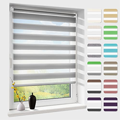 Doppelrollo klemmfix ohne Bohren, Duo Rollos für Fenster & Tür mit Bohren, Version 2026 Grau B55 x H100cm (Stoffbreite 55 cm), Fensterrollo lichtdurchlässig & verdunkelnd, Klemmrollo Sonnenschutz