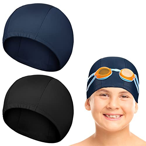 Geyoga 2 Pieces Swim Cap for Kids Waterproof Unisex Swimming Bathing Caps for Long and Short Hair Swimming Hats for Boys and Girls Children(Solid Pattern,Black, Navy Blue)