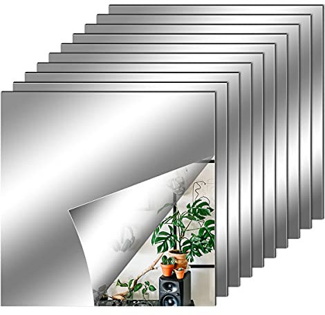 10 Pack Self Adhesive Mirror Tiles, 6 x 6inch(2mm Thick) Flexible Non Glass Stick on Mirror Stickers for Home Wall Decoration