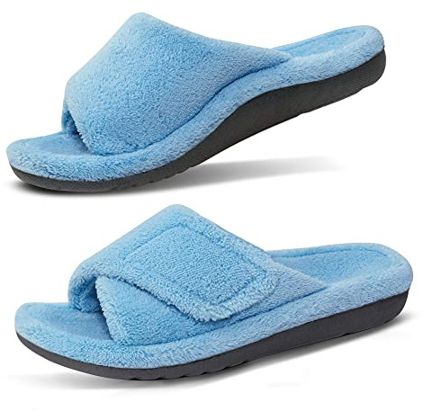 GRITHEIM Women's Orthotic Arch Support Slippers Fuzzy Adjustable Orthopedic Slippers for Plantar Fasciitis Furry Slide for Ladies blue 7