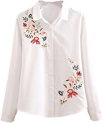 Hamthuit Camicetta lunga da donna con ricamo in piuma di cotone manica lunga allentata da lavoro in ufficio top button down camicie, Bianco 1521, XXXL