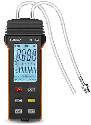 SURLABA Digitales Manometer, Differenzdruckmessgerät XF-189A 6PSI, 11 Einheiten Gasdruckmessgerät Differential Pressure Gauge für Differenzdruck von 1-2 Rohren, Lüftung, HVAC