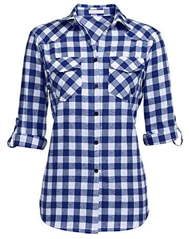 Zeagoo Donna Camicia Quadri Maniche Lunghe Bluse Oversize Comoda Bottoni Camicetta Stile di Boyfriend Tops per Primavera Autunno Inverno Shirts Blu M