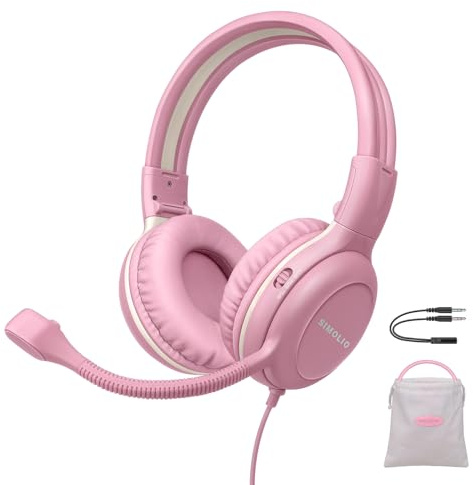 SIMOLIO Casque Filaire pour Enfants avec Microphone pour l'école, 75/85/94 DB avec Micro Perche pour iPad, PC, Ordinateur Portable, Jeux, Casque stéréo Filaire Rose pour Filles, Enfants, Adolescents,