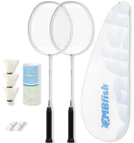 MBFISH Badminton Racket Set with 2 Carbon Fiber Rackets, 3 Shuttlecocks, 2 Replacement Racket Grip Tapes and 1 Badminton Bag - Perfect for Beginners & Outdoor Games 4U White 2P