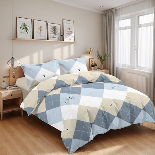Etrexonline Juego de Funda Nórdica 4 Piezas Cama 135 Microfibra Suave Transpirable - 1 Funda Edredón 220x220 cm, 1 Bajera 135x200+28 cm y 2 Fundas de Almohada 50x75 cm (Cuadro Azul y Beige)