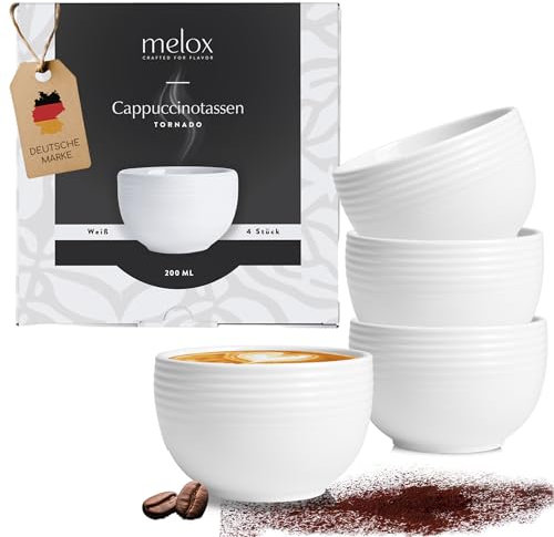 MELOX - Set de tasses Tornado-Line en porcelaine 90 ml, 200 ml, 300 ml – Tasses à café, expresso et cappuccino à paroi épaisse – Tasse à café au design italien (blanc, 4 tasses à cappuccino de 200 ml)