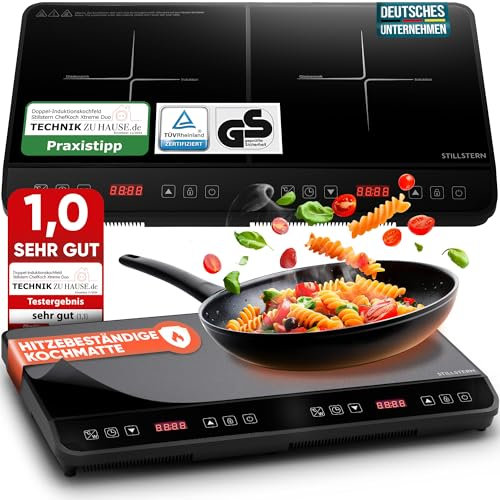 Stillstern Doppel-Induktionskochfeld | Doppel-Induktionskochplatte [3600W] mit Lautlos-Funktion & Turbo-Boost, 12-28cm, 18 Temperaturstufen & Leistungsstufen, 24h Timer, Kindersicherung, Touch
