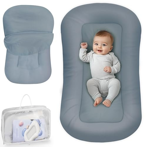 Infant Support Cushion - Baby Support Cushion for Newborn, 0-24 Months, Portable Tummy Time Mat for Home and Travel, Soft Cotton, Supervised Use, Baby Essentials Gift, Grayish Blue, (Cover Included)