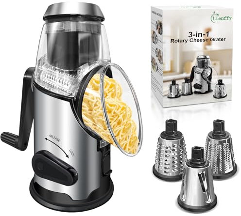 Lienffy Rotary Cheese Grater with Handle,3 Changeable Blades for Kitchen Vegetable Cheese Shredder Slicer Grater,Nut Grinder,Easy to Use and Clean,Stainless Steel-Black Silver