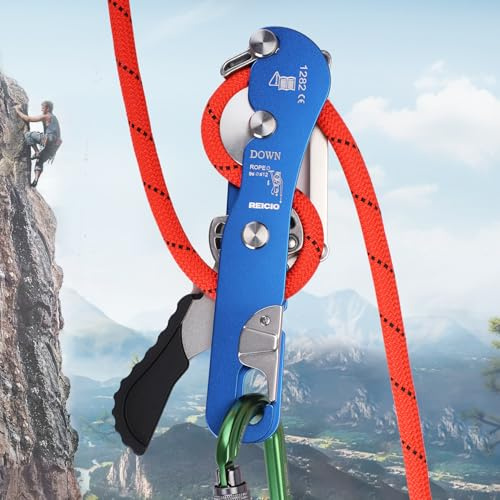 REISIO Climbing Stop Descender for 9-12mm,Self-Braking Self Locking Belay Device Rescue Equipment Hand Controls with Mountain Climbing Cave Rappelling Aerial Work Rescue Activities (Blue)