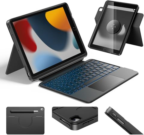 HOU Combo hülle mit Tastatur drehbar für ipad 9 Generation 10,2 Zoll & 8. Gen & 7. Gen Multi-Touch Trackpad, 7 Farben Hintergrundbeleuchtung,abnehmbar,Ultraleicht,Portrait/Landscape Modi,Schwar