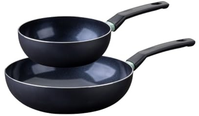 Fackelmann 9431350 Set de 2 Woks de 20 et 28 cm, Poêle tous Feux dont Induction sans PFAS, Revêtement Céramique Antiadhésif, Aluminium, Noir, Vert