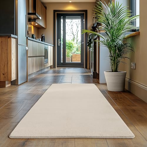 SIMPEX Läufer Teppich Creme 80x150 cm Kurzflor Teppich Waschbar, weich & rutschfest, modernes einfarbiges Design für Schlafzimmer, Küche & Flur
