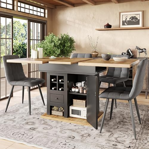 Kebnor Esstisch Teleskoptisch(110-140×80cm), klappbarer Küchentisch für 4-6 Personen, Ausziehbarer,platzsparender Küchentisch,für Küche und Wohnzimmer,Esstisch mit Weinregal und Schubladen