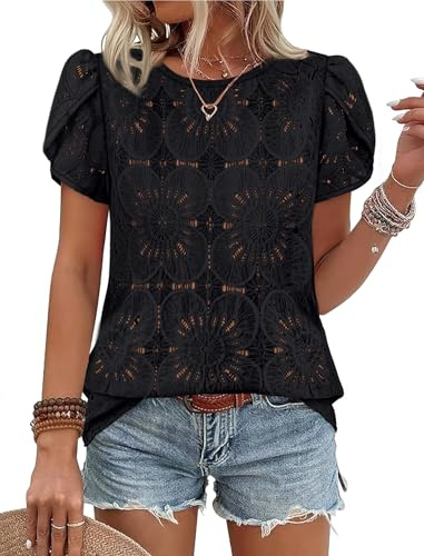 Womens Tops Dressy Casual Going Out Short Sleeve Shirts Cute Trendy Crochet Lace Boho Tops Plus Size Spring Summer Clothes Black 2XL