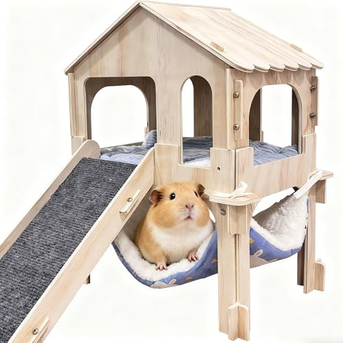 Casa para Cobayas Grande de Madera, con Rampa, Hamaca y Almohadilla, Escondite Convertible de 2 Plantas para Conejo, Hámster, Chinchilla