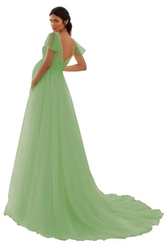 HAIBFJIN Vestido de maternidad de tul, cuello en V, vestido de novia para embarazadas, vestidos de maternidad para baby shower, sesión de fotos, verde salvia, 50