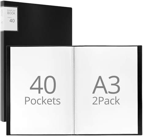 QWORK® Juego de 2 Cuadernos de Exhibición A3 con 40 Bolsillos, Carpeta Transparente de Presentación - Ideal para Arte y Documentos