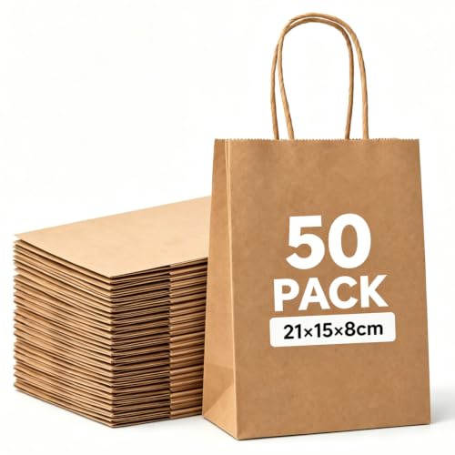 50er-Pack Braune Papiertüten mit Henkel 21 x 15 x 8 cm | Kleine Geschenktüten, Wiederverwendbare Kraftpapiertüte, Paper Bag für Partys, Giveaways und Geburtstage