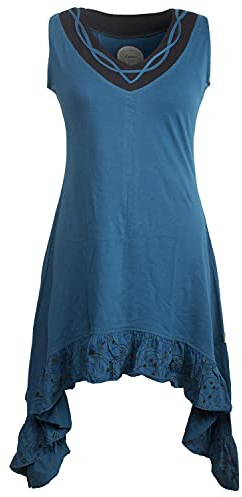 Vishes - Alternative Bekleidung - Armloses Hippie Zipfelkleid aus Baumwolle mit V-Ausschnitt und Rüschen türkis 36-38