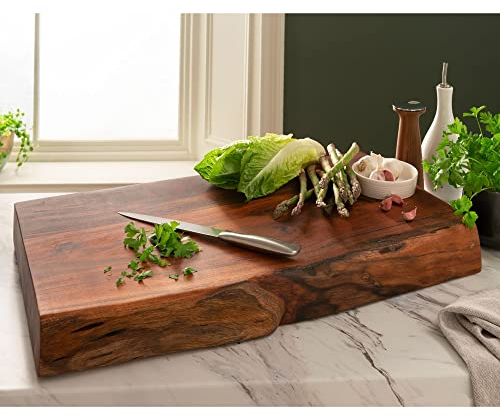 Homesdirect365 Wooden Chopping Board Small Live Edge | Natural Indian Acacia Wood Handmade Kitchen Living 7cm Thick Small | Chopping Boards | Wooden Chopping Boards | Cutting Board | Butchers Block