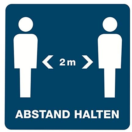 stempel-fabrik – 3 Stück Aufkleber 2m Abstand halten mit Piktogramm – selbstklebende Hinweisschilder zur Einhaltung der Hygienemaßnahmen (15 x 15 cm | Blau)