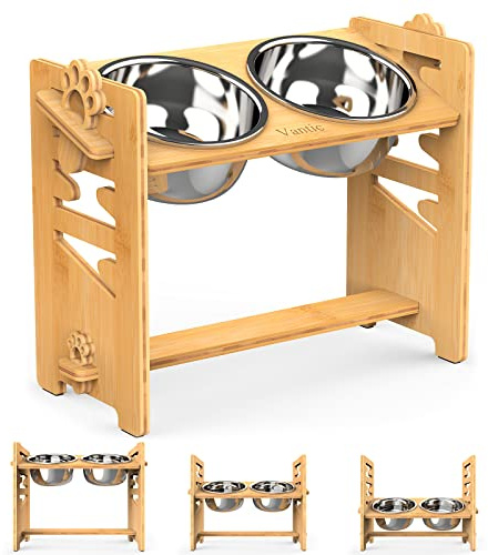 Vantic Large Elevated Dog Bowls, Adjustable Raised Dog Bowls, Bamboo Hund Feeding Station with 2 Stainless Steel Dishes