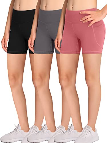 DALIGIRL Girl's Volleyball Bike 4 Packs Spandex Compression Pockets Dance Yoga Athletics Shorts, Black/Grey/Pink, Large
