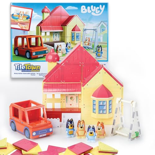 Tile Town Bluey Heeler Family Home - Juego de azulejos magnéticos de 52 piezas, juguetes interactivos STEM magnéticos, incluye figuras de Bluey y Bingo, azulejos de acción