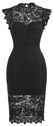 SweatyRocks Abito midi da donna, elegante, in pizzo, attillato, con colletto alto, per feste, con spacco, Nero , L