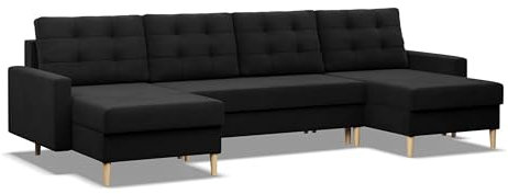 Mebligo - U-Förmige Ecksofa mit Schlaffunktion und Bettkasten BLANK, Couch U Form 294x88x140 cm, Klappsofa mit Schlaffunktion, Wohnzimmer Eckcouch mit Bettfunktion - Ecksofa Schwarz