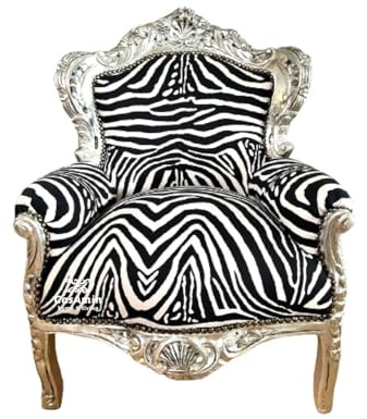 CasAmin Home & Living Poltrona in stile Luigi XV con strisce animali, poltrona divano in stile retrò barocco rococò in argento finitura per interni