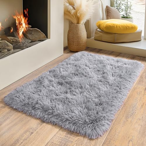 BSGIFT Teppich Hochflor Flauschig 60x110 Läufer Grau, Shaggy Langflor Teppich Wohnzimmer rutschfest für Schlafzimmer Kinderzimmer, Modern Wohnzimmerteppich Bettvorleger High-Pile Carpet