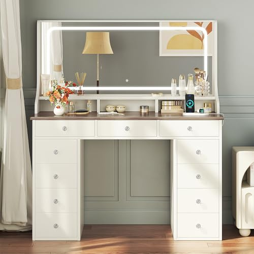 Dripex Coiffeuse avec éclairage, Coiffeuse Moderne avec 11 tiroirs, Grand Miroir LED de 110 cm et Prise électrique, luminosité réglable, pour Chambre à Coucher et Dressing, Marron Vintage