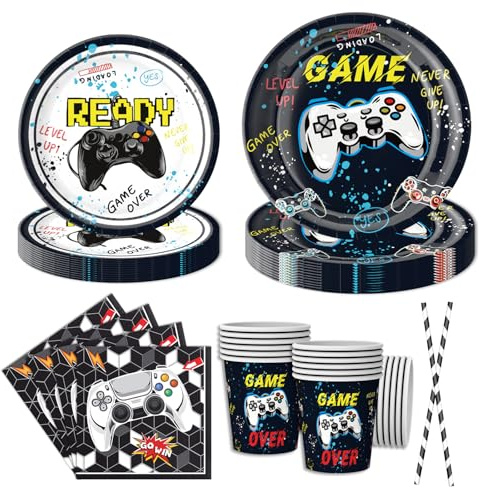 Lot de 50 assiettes jetables pour fête de Video Game, assiettes de fête, serviettes, pailles en papier, accessoires de fête d'anniversaire pour garçons, assiettes de fête, pour 10