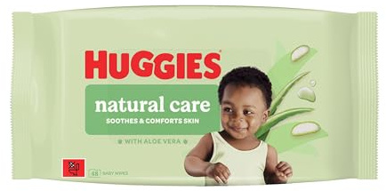 Huggies Natural Care Baby Wipes - Single Pack (48 Wipes) – Plastic Free Wet Wipes with Aloe Vera & Vitamin E, Hypoallergenic, Comfort and Soothe Baby's Delicate Skin