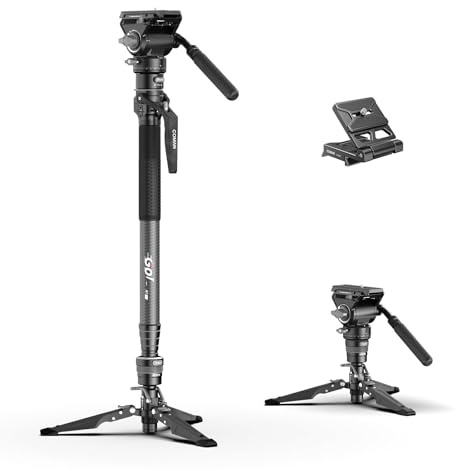 COMAN Monopiede in fibra di carbonio con sollevamento a un pulsante, 175 cm con gambe, treppiede da viaggio leggero con piastra a sgancio rapido per fotocamera, capacità di carico massima 10 kg